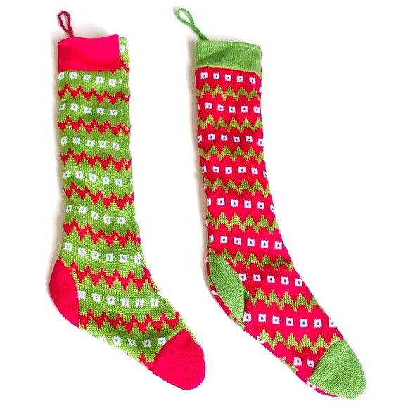 Vintage Christmas Stocking Hand Knit Heirloom Red Green Stripe Set of 2 - Picture 1 of 6
